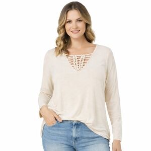 BKE Cream Lace Up V-Neck Long Sleeve Top XL NWT Boho Buckle